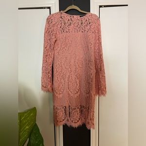 Size Large “Enrapturing Elegance” Blush Pink Lace Long Sleeve Midi Lulu’s Dress